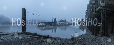 Butlers Wharf Pier And River Thames At Low Tide In Thick Fog And Mist, In Foggy And Misty Moody Weather In London City Centre During Covid-19 Coronavirus Lockdown, England, Uk