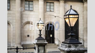 Bank Of England Architectural Details Of Lamps, Beautiful London Buildings And Architecture In The City At Bank, London, England, Europe