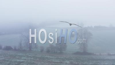 Aerial Drone Video Of Countryside And Fields In Misty Foggy Weather Conditions, Rural English Scene With Bare Winter Trees In Mist And Fog In A Bleak Cotswolds Hills Scene, Gloucestershire, England, United Kingdom