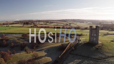 Aerial Drone Video Of Broadway Tower, A Famous Old Building Landmark In The Cotswolds Hills, Iconic English Tourist Attraction In Beautiful British Countryside With Green Fields, Gloucestershire, England, United Kingdom