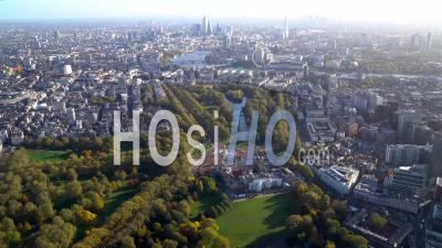 Wide View Of Buckingham Palace And St James's Park Looking Towards River Thames, London, Filmed By Helicopter