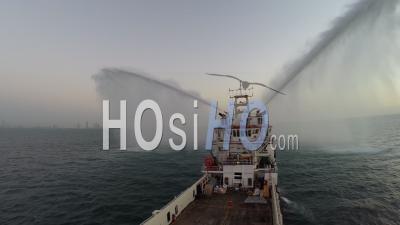 Ship Testing Water Canons At Sea - Video Drone Footage