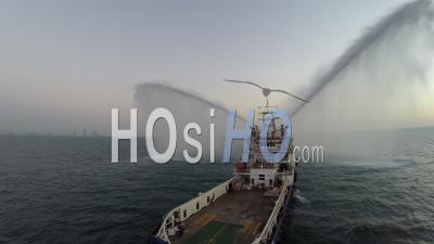 Ship Testing Water Canons At Sea - Video Drone Footage