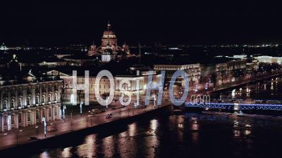 View Of The Night St. Petersburg, Palace Bridge, The Hermitage, The Admiralty - Video Drone Footage