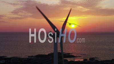 Jeju Island, South Korea, Sunset, Wind Turbine - Video Drone Footage