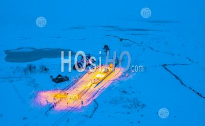 Night Aerial View Of Corrour Railway Station In Winter The Highest In The Uk On Rannoch Moor, Scottish Highlands, Scotland, Uk - Aerial Photography