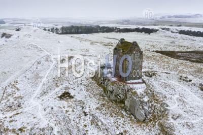 Aerial View Of Smailholm Tower Near Kelso In The Scottish Borders During Winter Snow, Scotland, Uk T - Aerial Photography