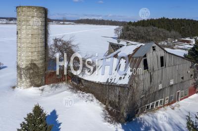 Old Michigan Barn And Silo In Winter - Aerial Photography