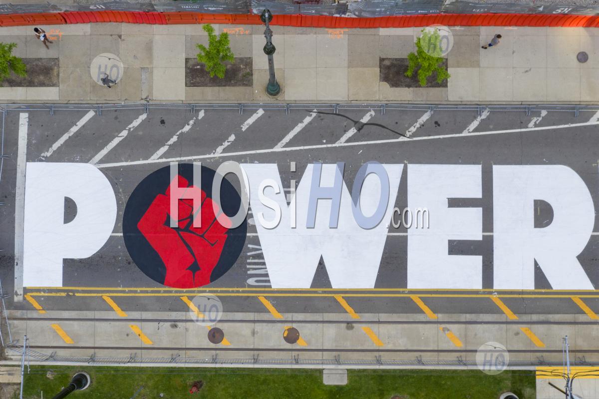 Power To The People' Painted On Detroit Street - Aerial Photography
