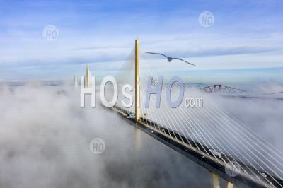  Drone Image Of A Spectacular Cloud Inversion At Queensferry Crossing Bridge , South Queensferry , Scotland, Uk