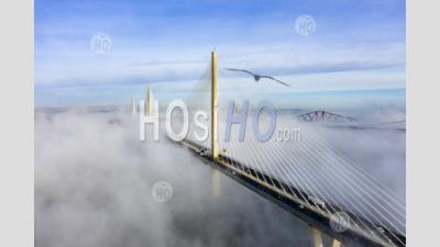  Drone Image Of A Spectacular Cloud Inversion At Queensferry Crossing Bridge , South Queensferry , Scotland, Uk