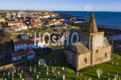 Aerial View From Drone Of Church In St Monans Fishing Village In The East Neuk Of Fife, Scotland, Uk
