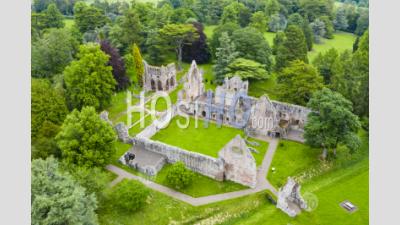 Aerial View Of Ruin Of Dryburgh Abbey In Dryburgh , Scottish Borders, Scotland Uk - Aerial Photography