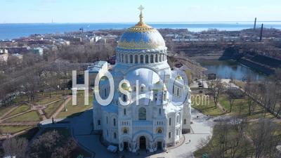  Kronstadt Naval Cathedral Long Shot Aerial View - Video Drone Footage