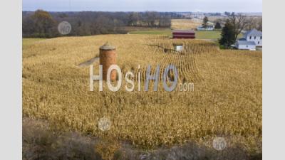 Brick Silo In Corn Field - Aerial Photography