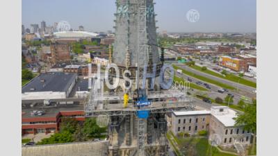 Steeple Repair At Historic Catholic Church - Aerial Photography