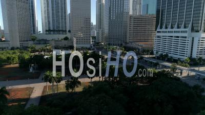 Intercontinental Hotel And Metromover At An Empty Bayfront Park - Video Drone Footage