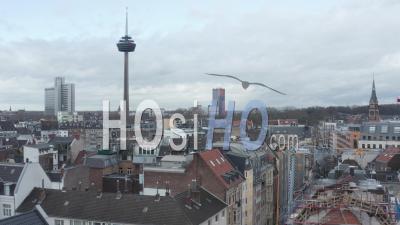 Aerial View Of  Low Shot Over Germany City Cologne With View Of Tv Tower On Cloudy Day 4k - Video Drone Footage
