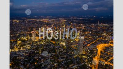 Incredible Aerial View Over Frankfurt Am Main, Germany Skyline At Night With City Lights Hq - Aerial Photography