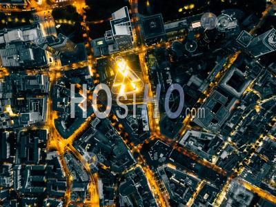 Aerial Overhead View Of Frankfurt Am Main, Germany Skyline At Night With Glowing Streets Hq - Aerial Photography