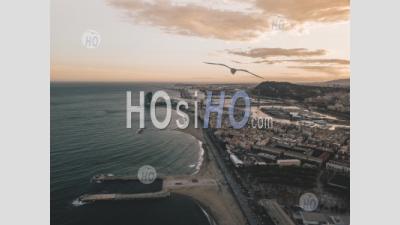 Aerial View Of Barcelona, Spain With Harbor And Skyline At Beautiful Sunset With Ocean View Hq - Aerial Photography