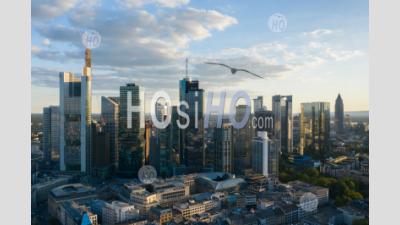 Aerial Drone View Over Frankfurt Am Main, Germany Skyline In Beautiful Afternoon Sunlight And Cloudscape In June 2020 Hq