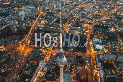 Wide View Of Beautiful Berlin, Germany Cityscape After Sunset With Lit Up Streets And Alexanderplatz Tv Tower, Aerial Drone View Hq