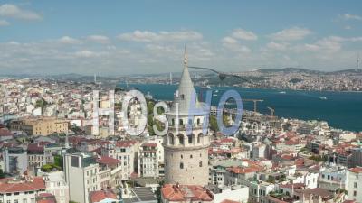 Galata Tower In The Heart Of Istanbul City On A Beautiful Blue Sky Day, Aerial View From Above - Video Drone Footage