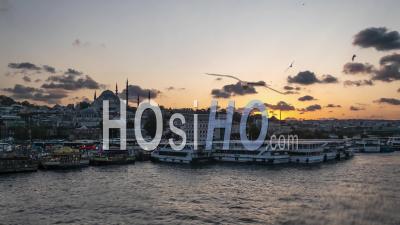 Istanbul Bosphorus Riverside With Boats And Mosque Silhouette Beautiful Sunset Time Lapse - Video Drone Footage