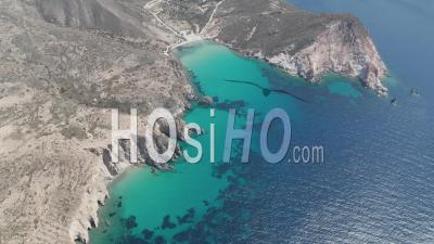 Wide Aerial Drone View Above Beach Bay Greek Island Milos In Summer With Turquoise Blue Aegean Sea 4k