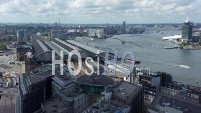 Amsterdam Centraal Central Station Wide View, Aerial Drone Perspective 4k