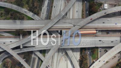 Spectacular Overhead Follow Shot Of Judge Pregerson Highway Showing Multiple Roads, Bridges, Viaducts With Little Car Traffic In Los Angeles, California On Beautiful Sunny Day 4k - Video Drone Footage
