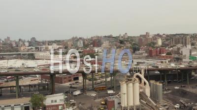 Close Up Aerial View Of Busy Vehicle Traffic On The Bridge Overpass In The Industrial Downtown City Area Of New York City 4k - Video Drone Footage