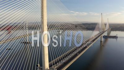 Aerial 4k Footage Of Queensferry Crossing Bridge Spanning Firth Of Forth In Scotland, Uk - Video Drone Footage