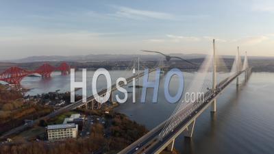 Aerial 4k Footage Of Queensferry Crossing Bridge Spanning Firth Of Forth In Scotland, Uk - Video Drone Footage