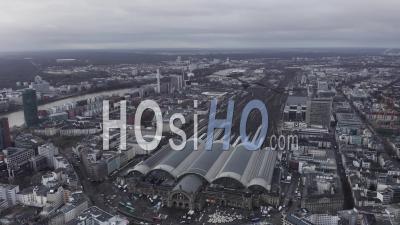 Aerial View Over Frankfurt Am Main Central Train Station On Cloudy Grey Winter Day 4k - Video Drone Footage