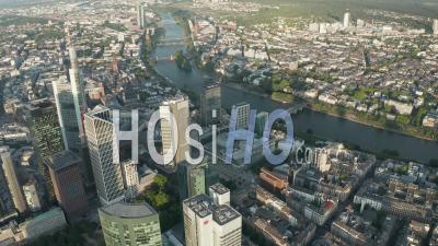 Aerial View Wide Circle Around Frankfurt Am Main Center Skyline In Beautiful Summerlight With Empty Streets Due To Coronavirus Covid 19 Pandemic - Video Drone Footage