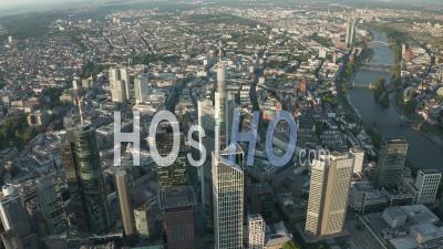 Aerial View Wide Circle Around Frankfurt Am Main Center Skyline In Beautiful Summerlight With Empty Streets Due To Coronavirus Covid 19 Pandemic - Video Drone Footage