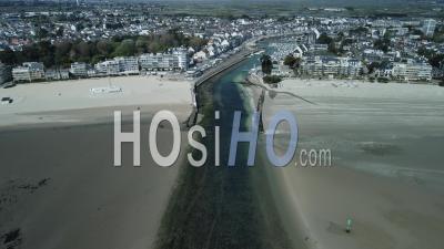 Aerial View Of The Entrance To The Port Of La Baule / Le Pouliguen At Low Tide In The Afternoon, Pays De Loire, France - Video Drone Footage