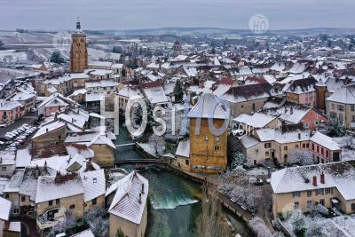 Aerial View Of Arbois City Under The Snow Seen By Drone - Aerial Photography