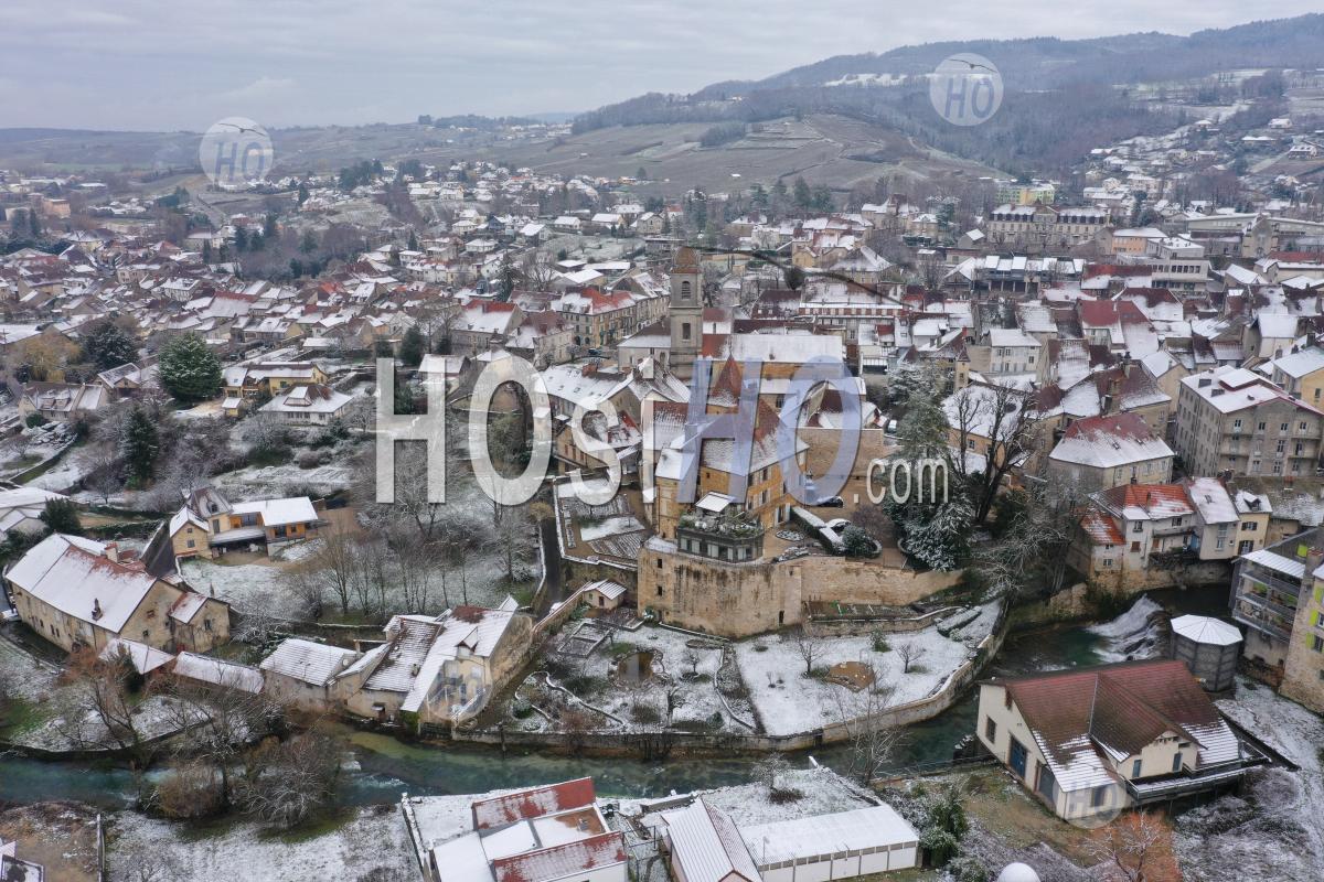 Aerial View Of Arbois City Under The Snow Seen By Drone - Aerial Photography
