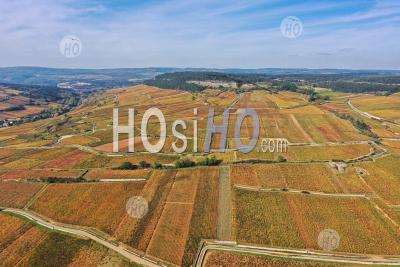 Aerial View If The Vineyard Of Pommard In Autumn In Burgundy Seen By Drone