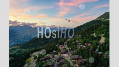 Aerial View Of The Village La Plagne 1800 Seen By Drone