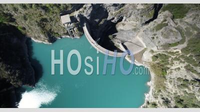 Pont-Baldy Lake And Hydroelectric Dam In Briançon, Hautes-Alpes, France, Viewed From Drone