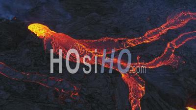 Lava Lake And Lava Flows Of Geldingadalur Eruption In Iceland - Video Drone Footage