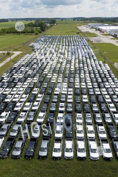 Shortage Of Semiconductor Chips Leaves Trucks Unfinished - Aerial Photography