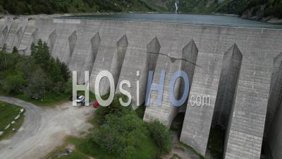 The Hydroelectric Dam And The Plan D'amont Lake In Aussois, Viewed From Drone