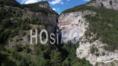 Saint-Benoit Waterfall, 90 Meters High, Between Avrieux And Aussois In Maurienne, Viewed From Drone