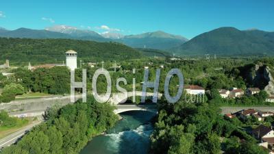 Vaulted Arch Bridge Of Lesdiguieres Near Grenoble, One Of The Seven Wonders Of Dauphine, France, Drone Point Of View