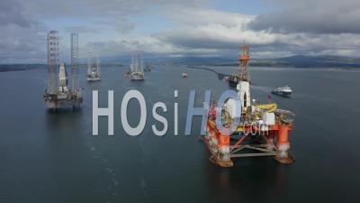 Oil Rigs And Drilling Platforms In Cromarty Firth, Scotland, Uk - Video Drone Footage
